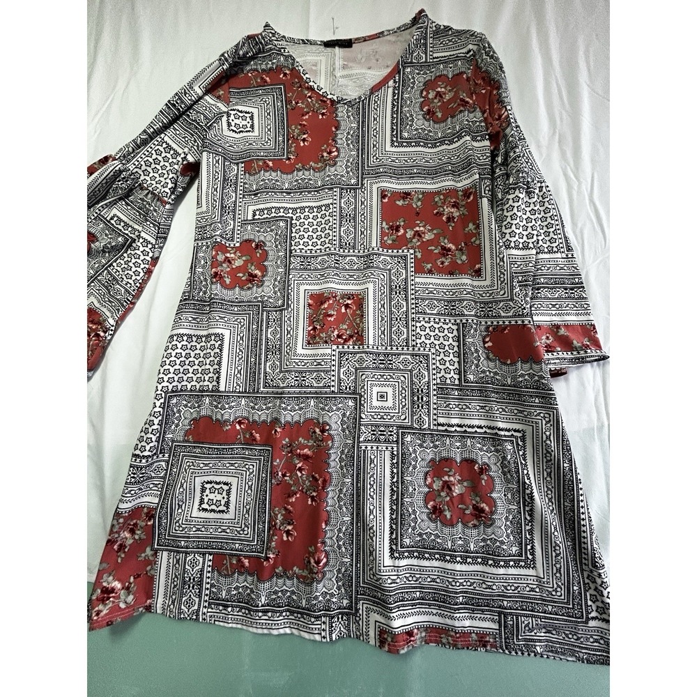 Can't Miss Patchwork Dress Bell Sleeves Asymmetrical Hem Stretch Casual Work 3X